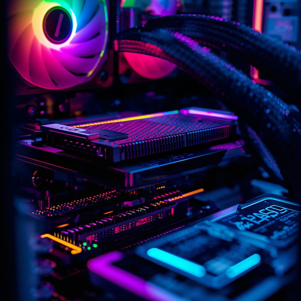 Best budget gaming PC components close-up showing a GPU, RGB-lit RAM sticks, SSD, and CPU cooler inside a gaming desktop with neon pink and blue lighting.