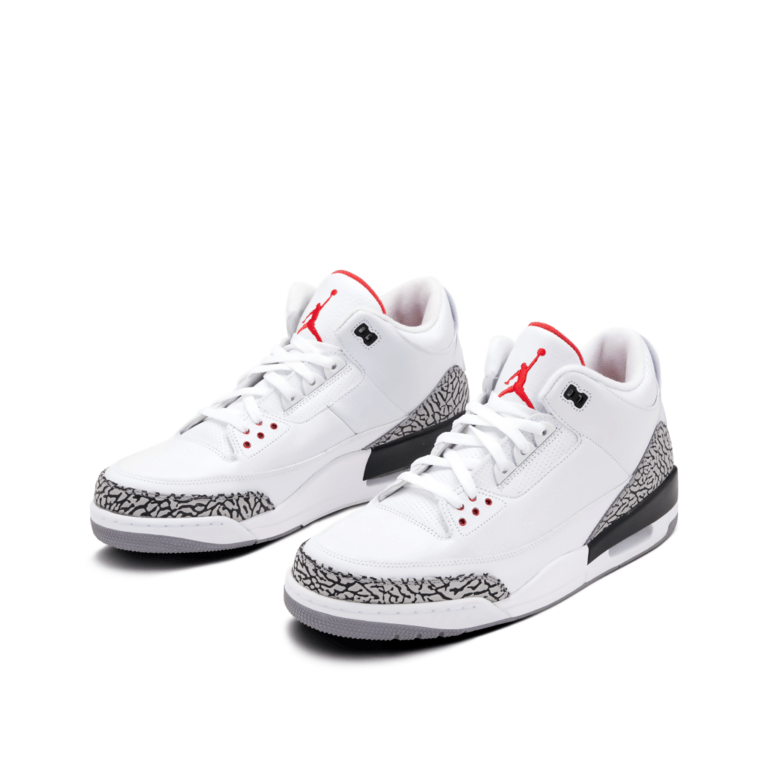 Air Jordan 3 White Cement sneakers pair on white background, white leather with elephant print panels and red Jumpman logo