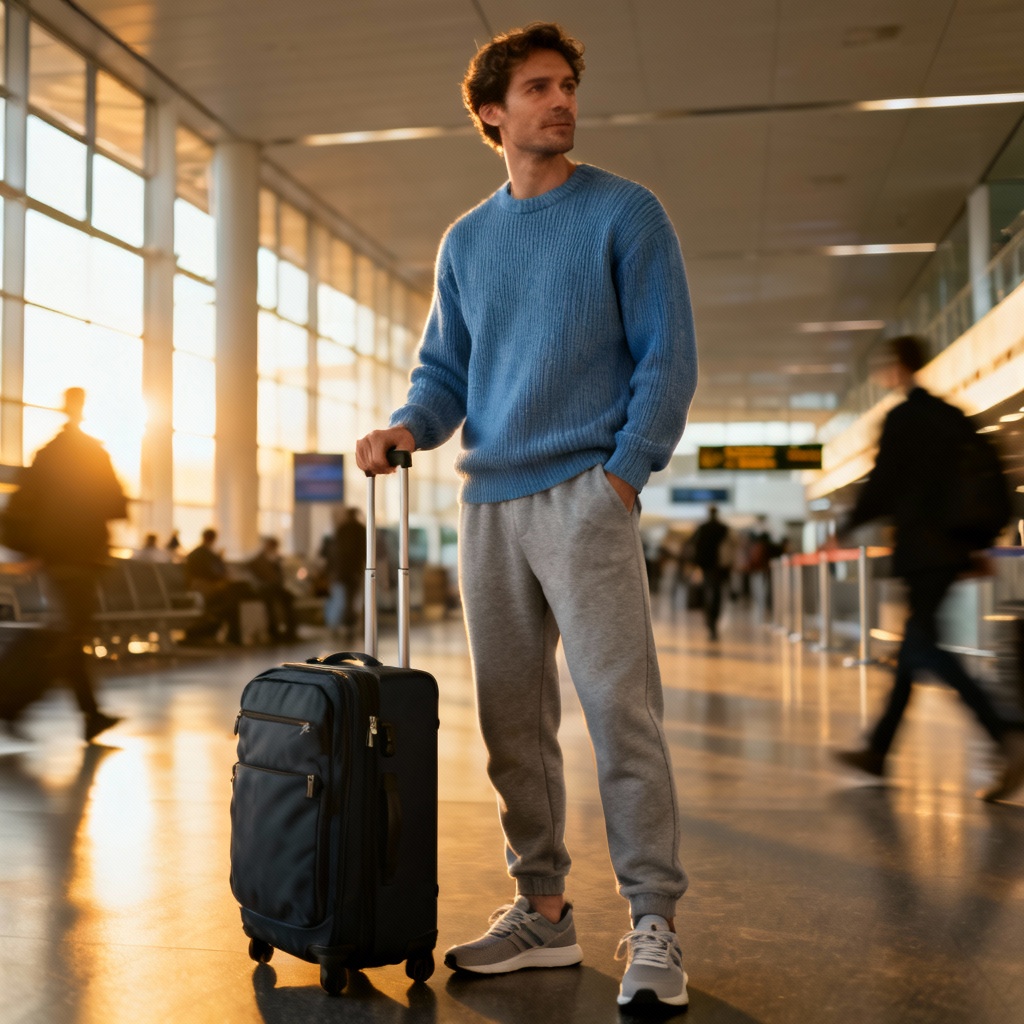 Man in a blue knit sweater, grey joggers and sneakers standing with a carry-on suitcase in a bright airport terminal, showcasing comfortable travel wear fabrics for a relaxed yet stylish airport outfit formula.