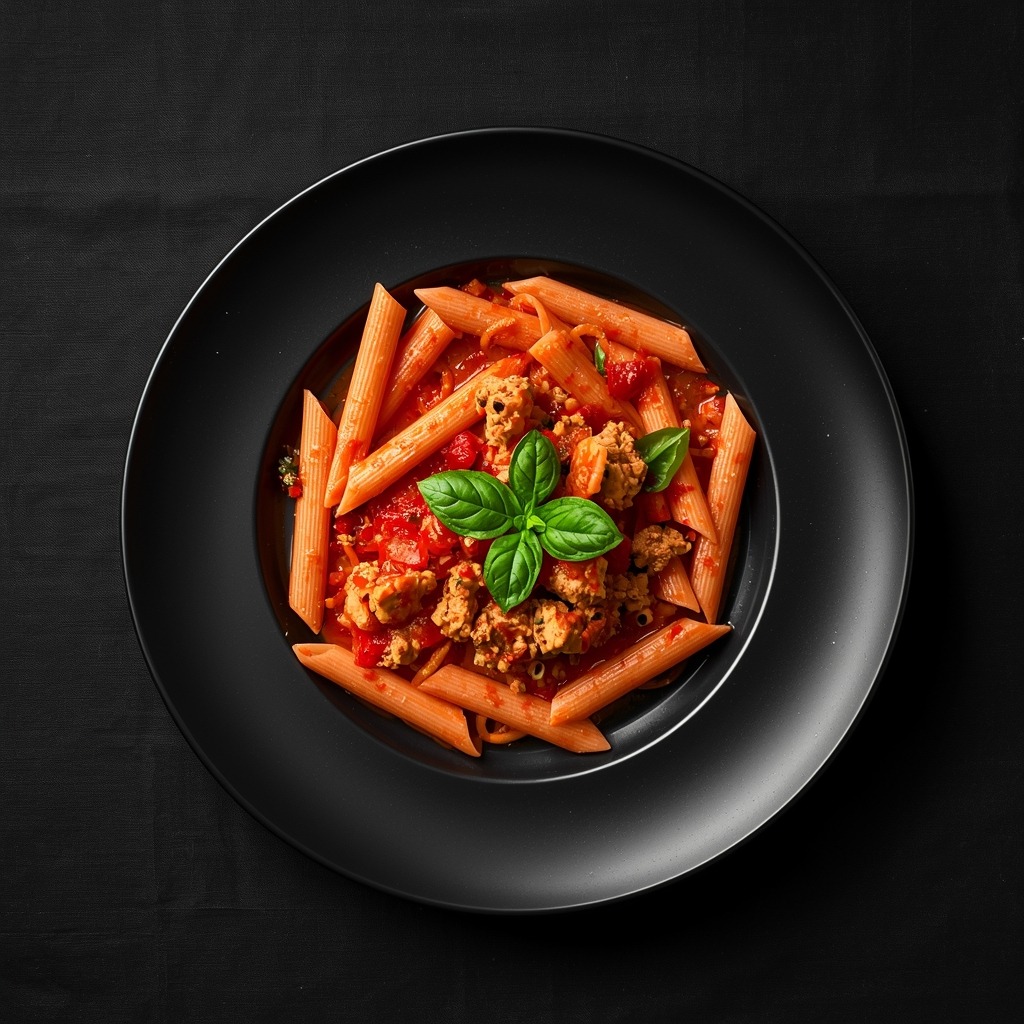 Top-down view of penne pasta in tomato sauce with ground chicken and fresh basil on a black luxury plate over a dark nappe tablecloth.