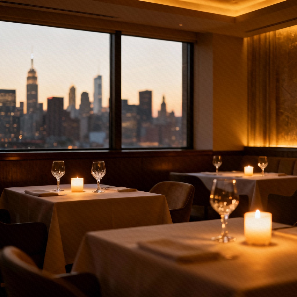 Candlelit fine dining restaurant with white tablecloths and panoramic city skyline at sunset, illustrating exclusivity as part of what makes something truly luxury.