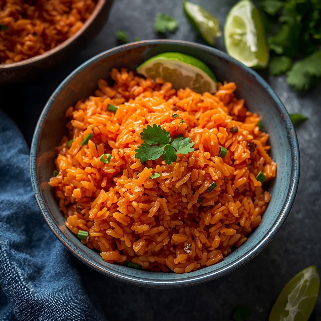 Easy Mexican rice recipe served in a ceramic bowl, fluffy orange red rice garnished with cilantro, with lime wedges on a dark background.