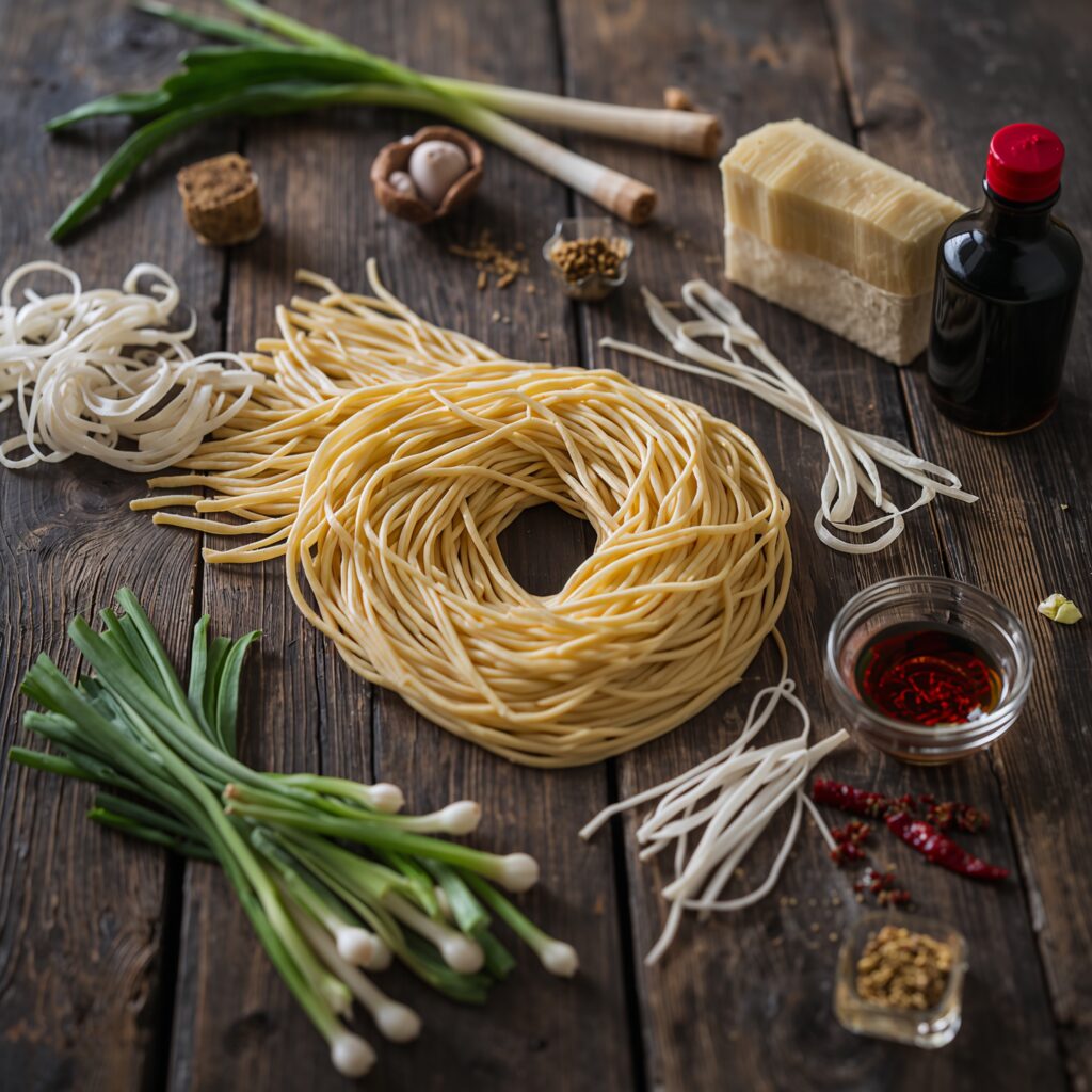 Flat lay of ingredients for fried noodles in 10 minutes Chinese takeout style, with dried egg noodles, bean sprouts, spring onions, soy sauce, sesame oil, and seasonings