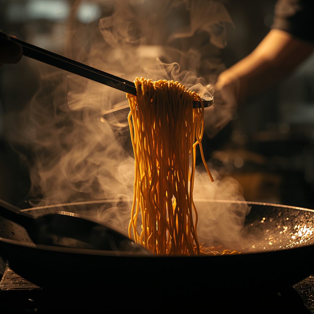 Description given: Action shot of noodles being tossed in a hot pan or wok with steam rising