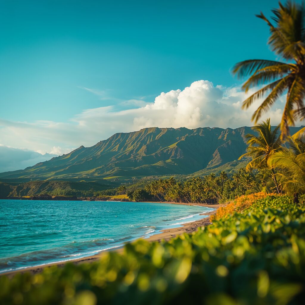 Most expensive states to live in, Hawaii tropical beach with turquoise water and lush green mountains at sunset