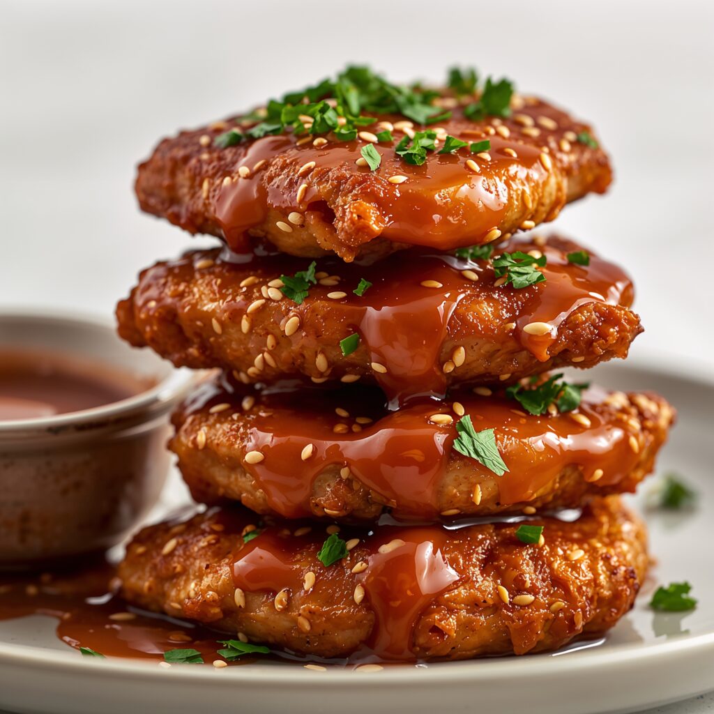 Hot Honey Garlic Tenders – crispy hot honey chicken tenders stacked on a plate with sticky garlic honey glaze, sesame seeds and parsley.
