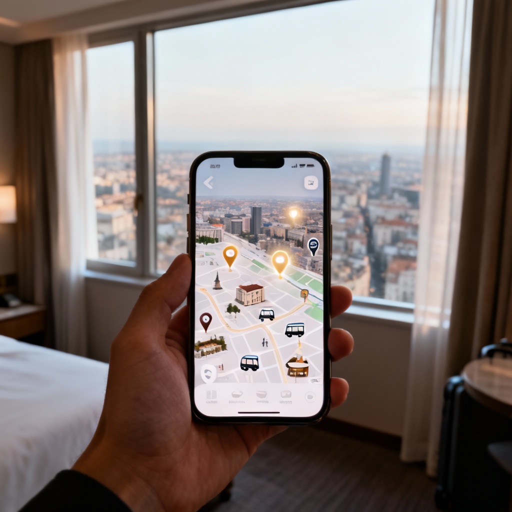 Hand holding a smartphone with a city map and location pins in a hotel room overlooking the skyline, illustrating hotel selection tips focused on choosing the best location.