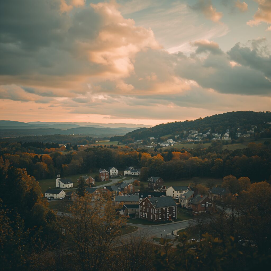 Most expensive states to live in, small Massachusetts town in autumn surrounded by hills and colorful trees at sunset