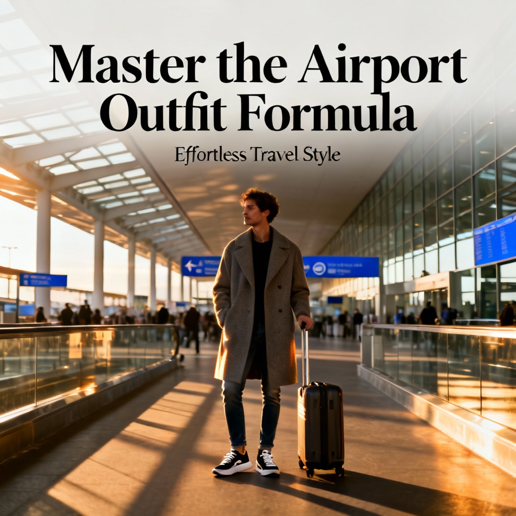 Fashionable man standing in a bright airport terminal with rolling suitcase, wearing a long coat, slim jeans and sneakers, perfectly illustrating the airport outfit formula for effortless travel style.