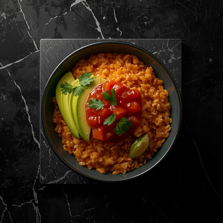 Easy Mexican rice recipe bowl on luxury black marble background, topped with sliced avocado, chunky salsa, cilantro, and a lime wedge in a top-down view.