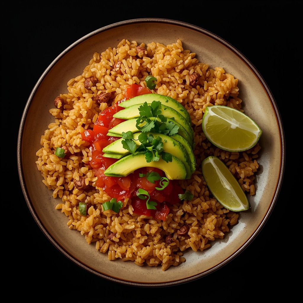 Easy Mexican rice recipe served in a bowl with fluffy golden rice topped with sliced avocado, salsa, cilantro, and lime wedges on a dark background.