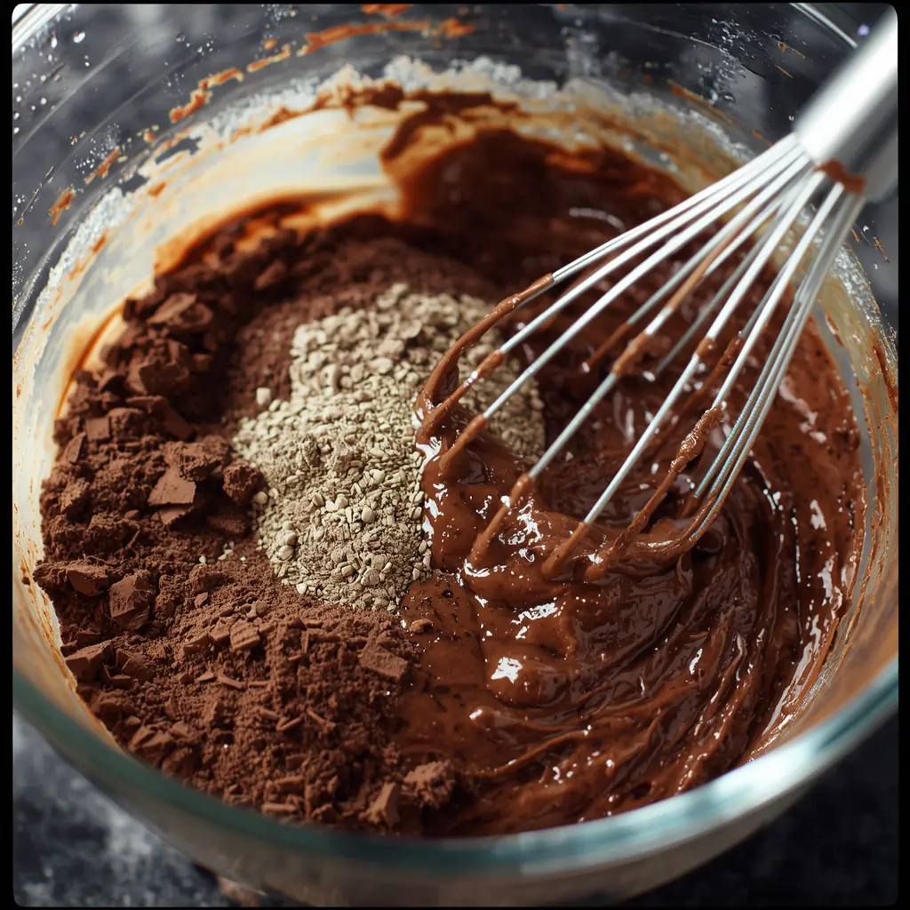 Vegan Chocolate Muffins batter being whisked in a glass bowl with cocoa powder and flour visible for a simple plant based muffin recipe.