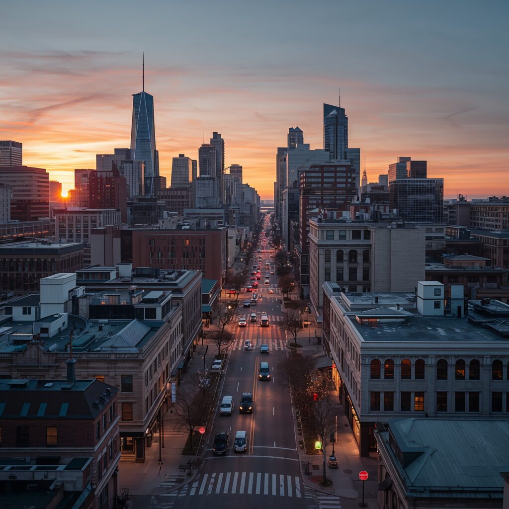 Most expensive states to live in, New Jersey city street with tall buildings and traffic at sunset