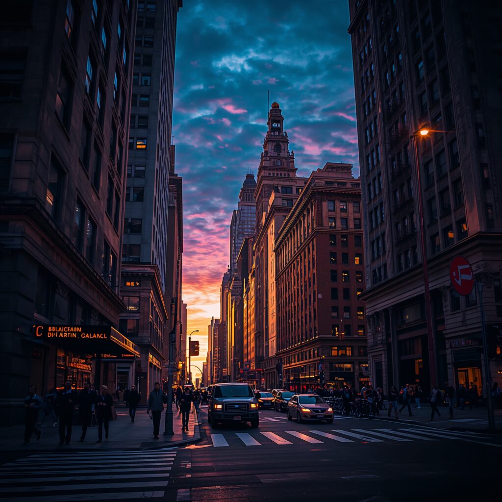 Most expensive states to live in, New York city street at sunset with tall buildings cars and pedestrians