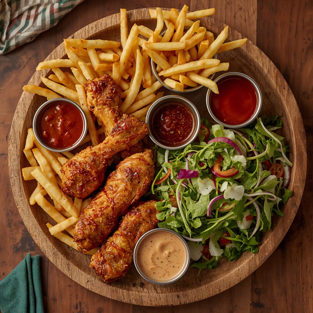 Hot Honey Garlic Tenders – platter of hot honey chicken tenders served with fries, salad and dipping sauces.