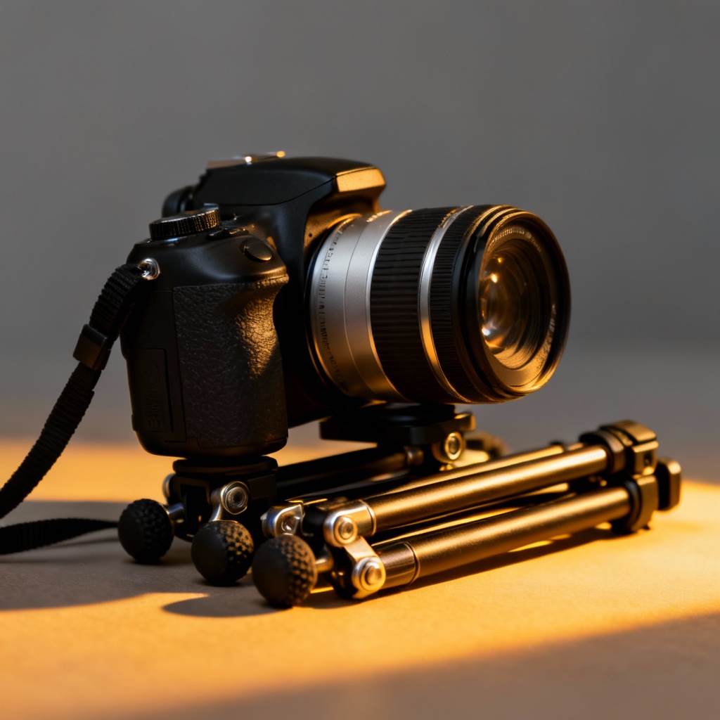 Compact DSLR camera resting on a folded mini tripod in warm light, representing photography-focused travel tech essentials for digital nomads and creators.
