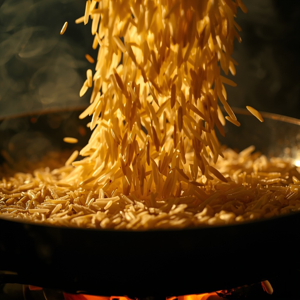 Easy Mexican rice recipe step showing long grain rice being poured and toasted in a hot pan, turning light golden with steam rising.