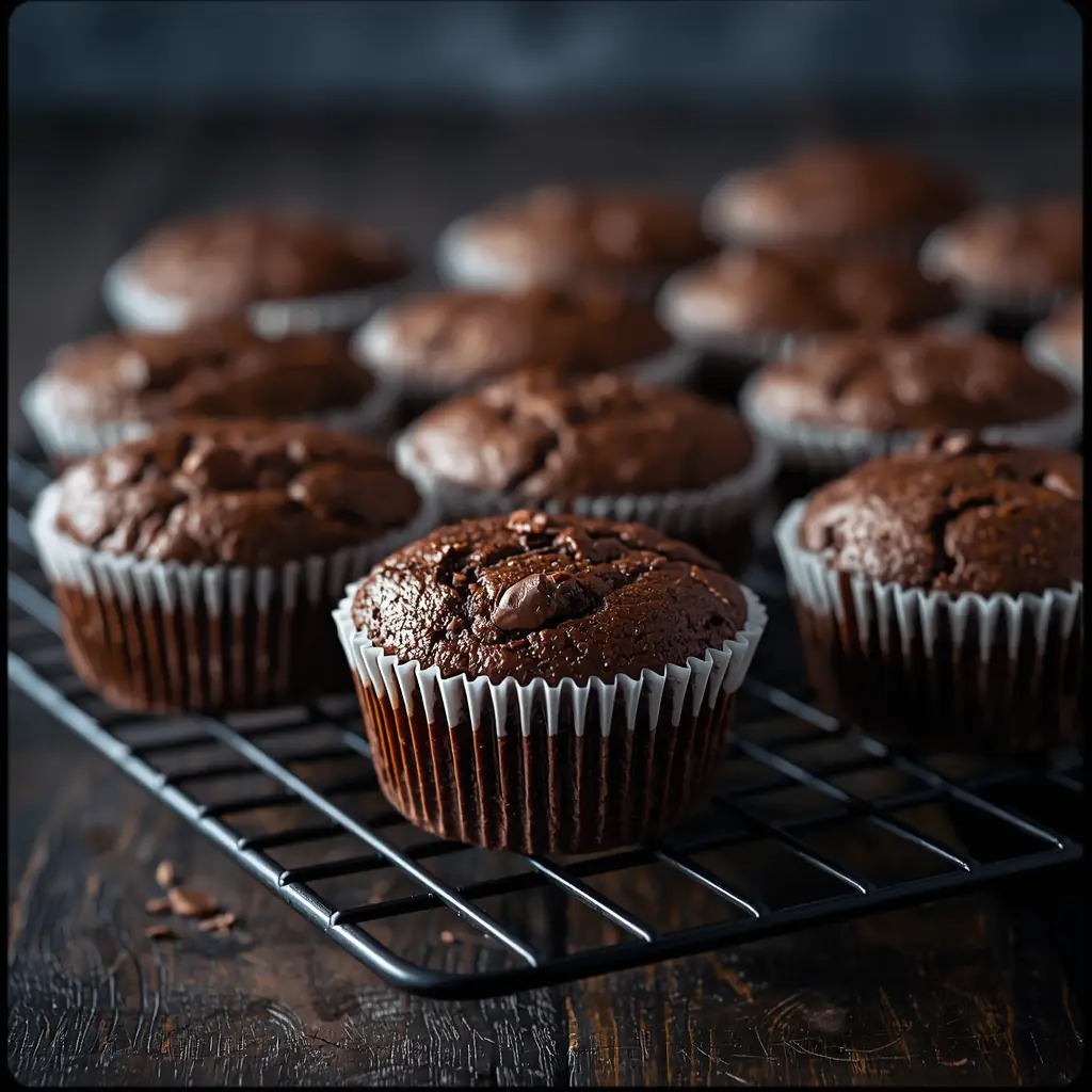 Vegan Chocolate Muffins cooling on a wire rack after baking, soft cocoa crumb and bakery style tops before storing or freezing.