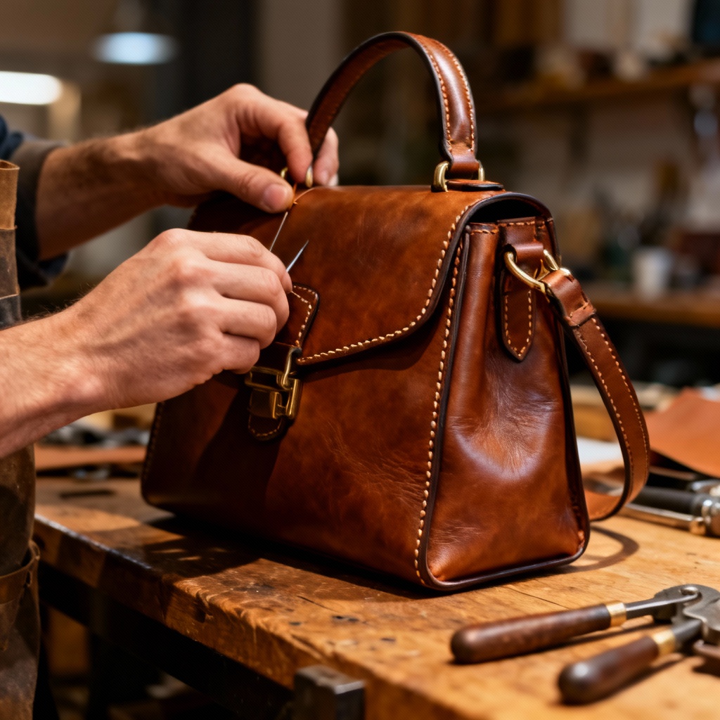 Artisan carefully hand-stitching a brown leather handbag in a workshop, illustrating craftsmanship as part of what makes something truly luxury.