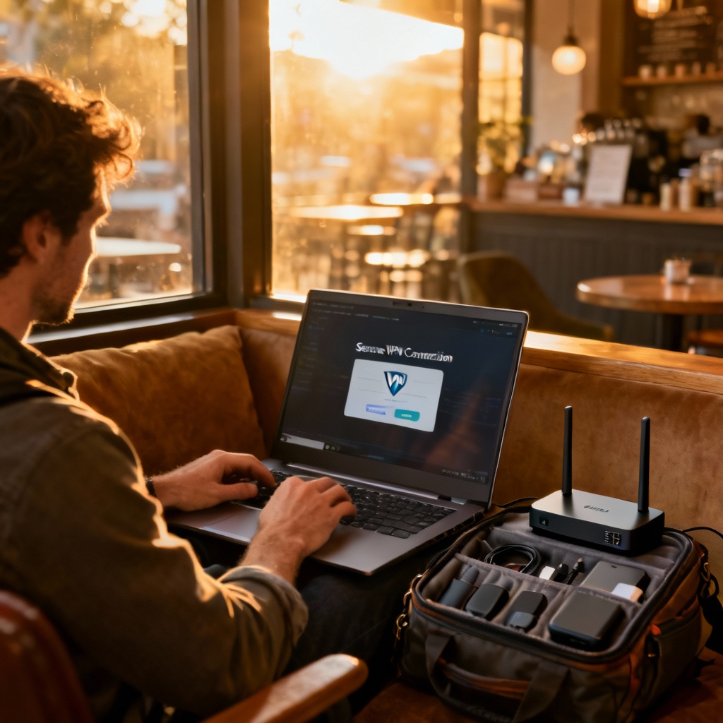 Digital nomad working on a laptop in a café with a tech organizer bag full of gadgets and a portable router, illustrating real-life travel tech essentials for secure remote work.