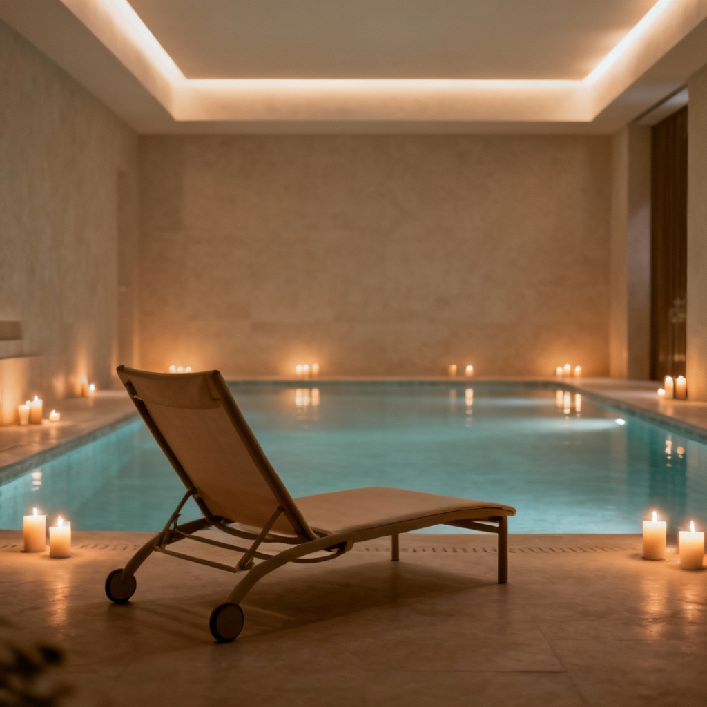 Serene indoor spa pool surrounded by glowing candles and a single lounger, showing relaxation and privacy as part of what makes something truly luxury.