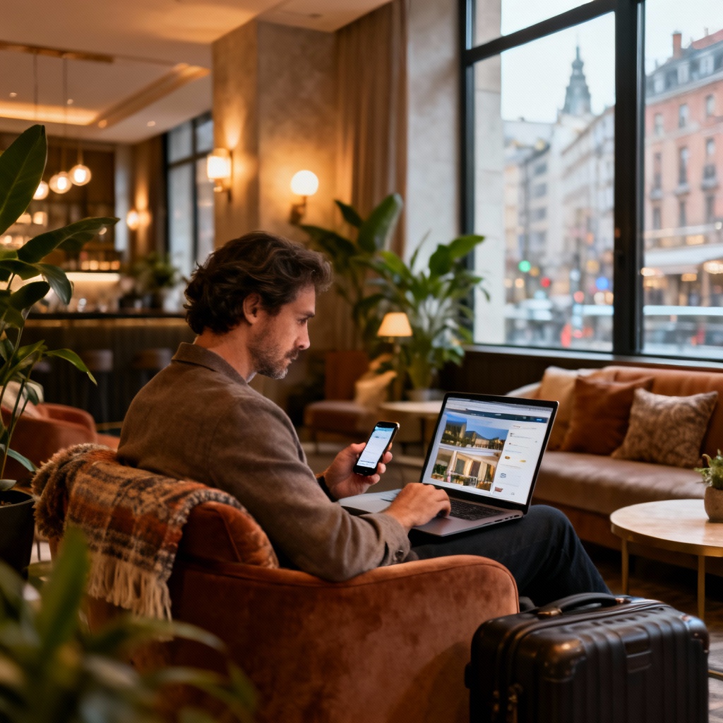 Man sitting in a stylish hotel lobby using a laptop and smartphone to compare booking sites, illustrating practical hotel selection tips for modern travelers.