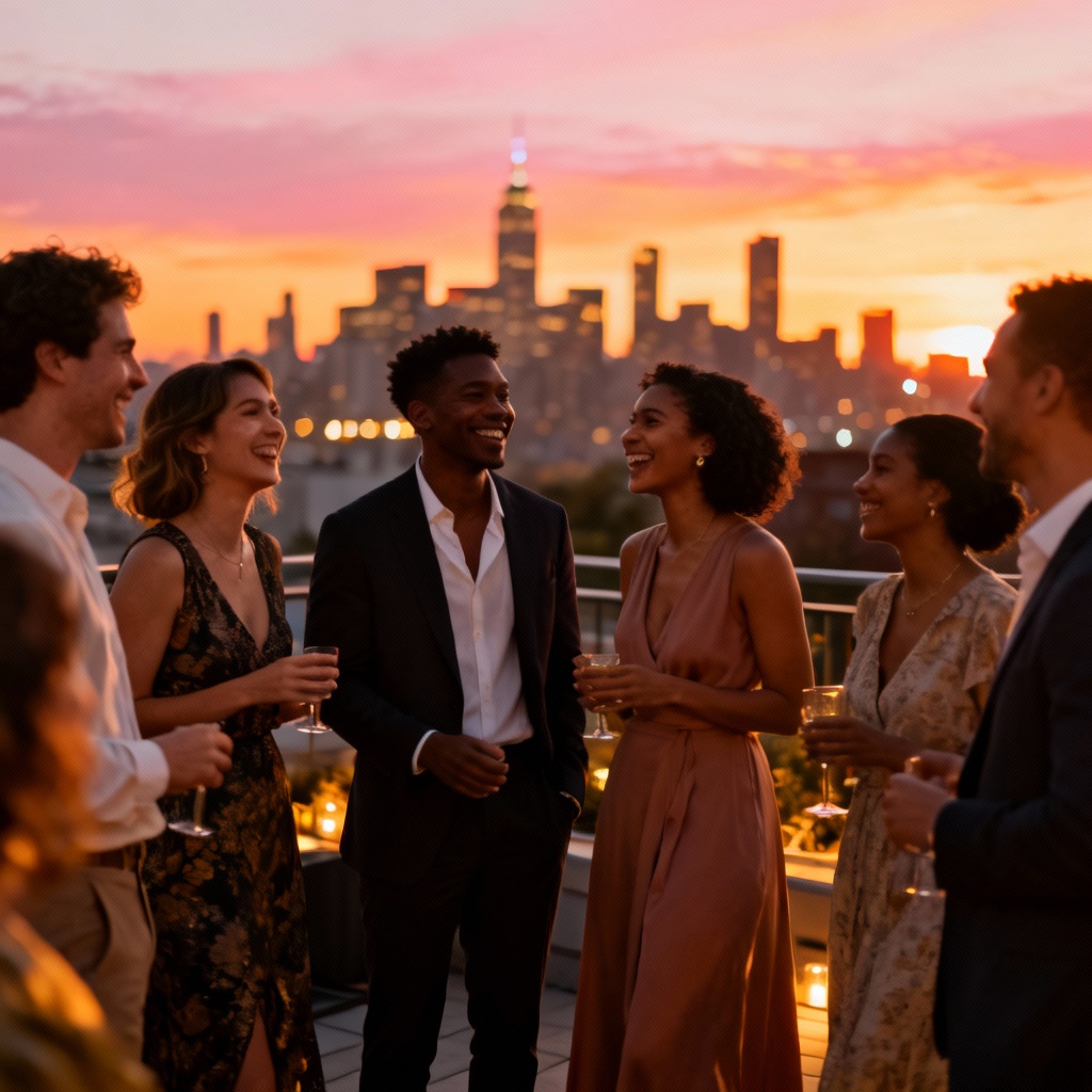 Elegant group of friends in evening wear enjoying drinks on a rooftop terrace at sunset with a city skyline, showing shared moments as part of what makes something truly luxury.