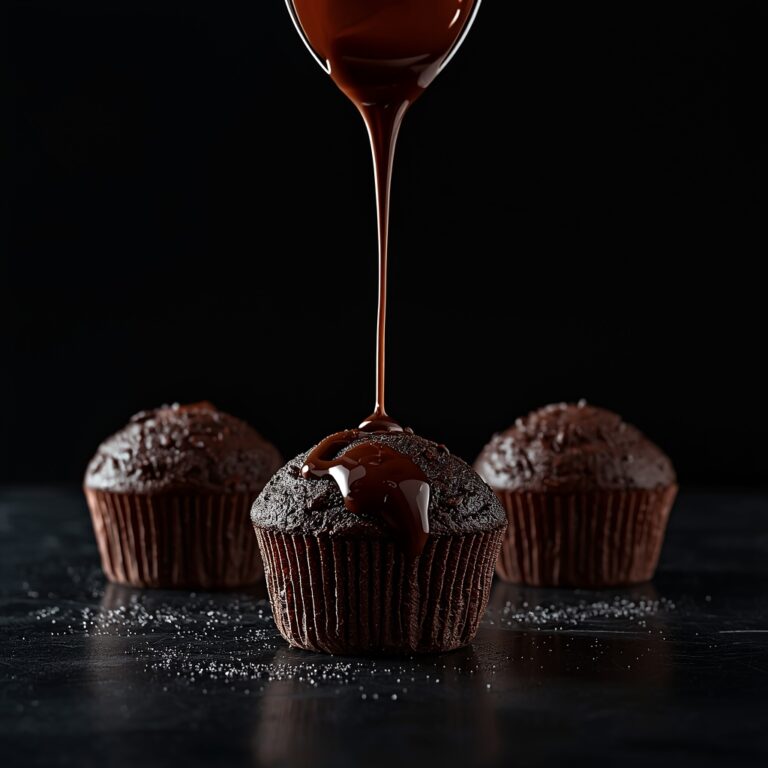 Vegan Chocolate Muffins on a luxury black background with glossy dark chocolate drizzle pouring onto the center muffin.