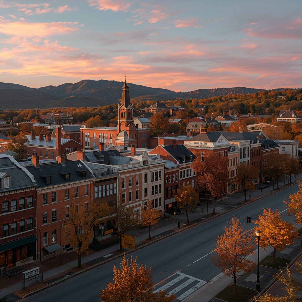 Most expensive states to live in, Vermont small town main street in autumn with historic buildings and mountains at sunset