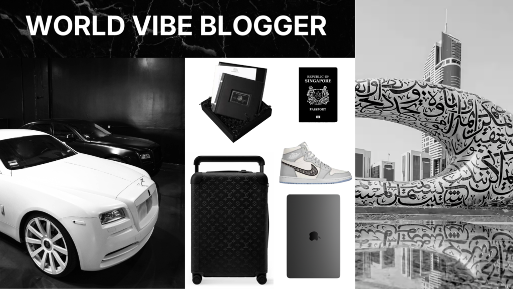 World Vibe Blogger homepage cover with luxury cars, designer luggage, sneaker, laptop, passport and Dubai architecture, representing food, luxury, sneakers, style, tech and travel topics