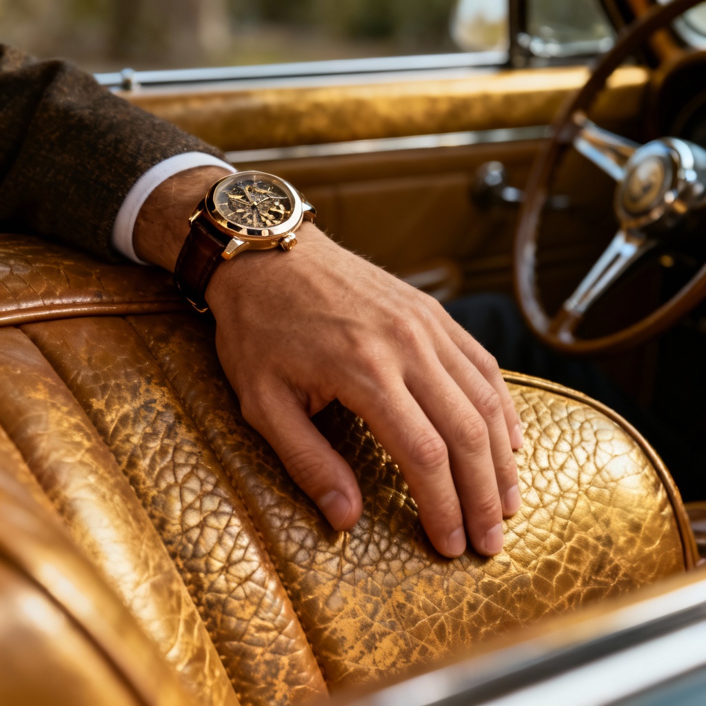 Close-up of a man’s hand wearing a gold skeleton luxury watch resting on a textured golden leather car seat.