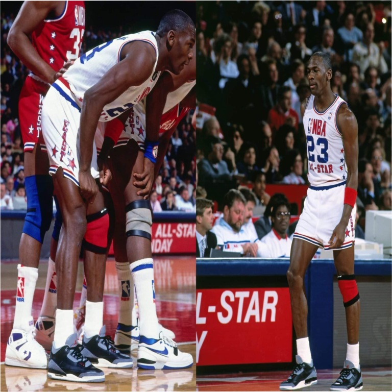 Air Jordan 3 on-feet courtside photo featuring an NBA player in a white All-Star jersey during a game, highlighting the classic Air Jordan 3 silhouette