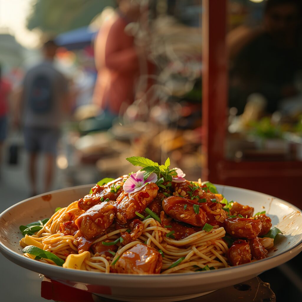 Thai street food style noodles with sides inspired by Asian street food recipes