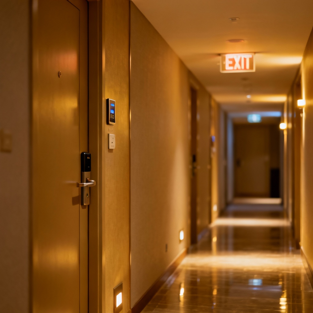Well-lit hotel corridor with modern room doors, keycard locks and visible exit signs, illustrating safety and cleanliness as part of smart hotel selection tips.