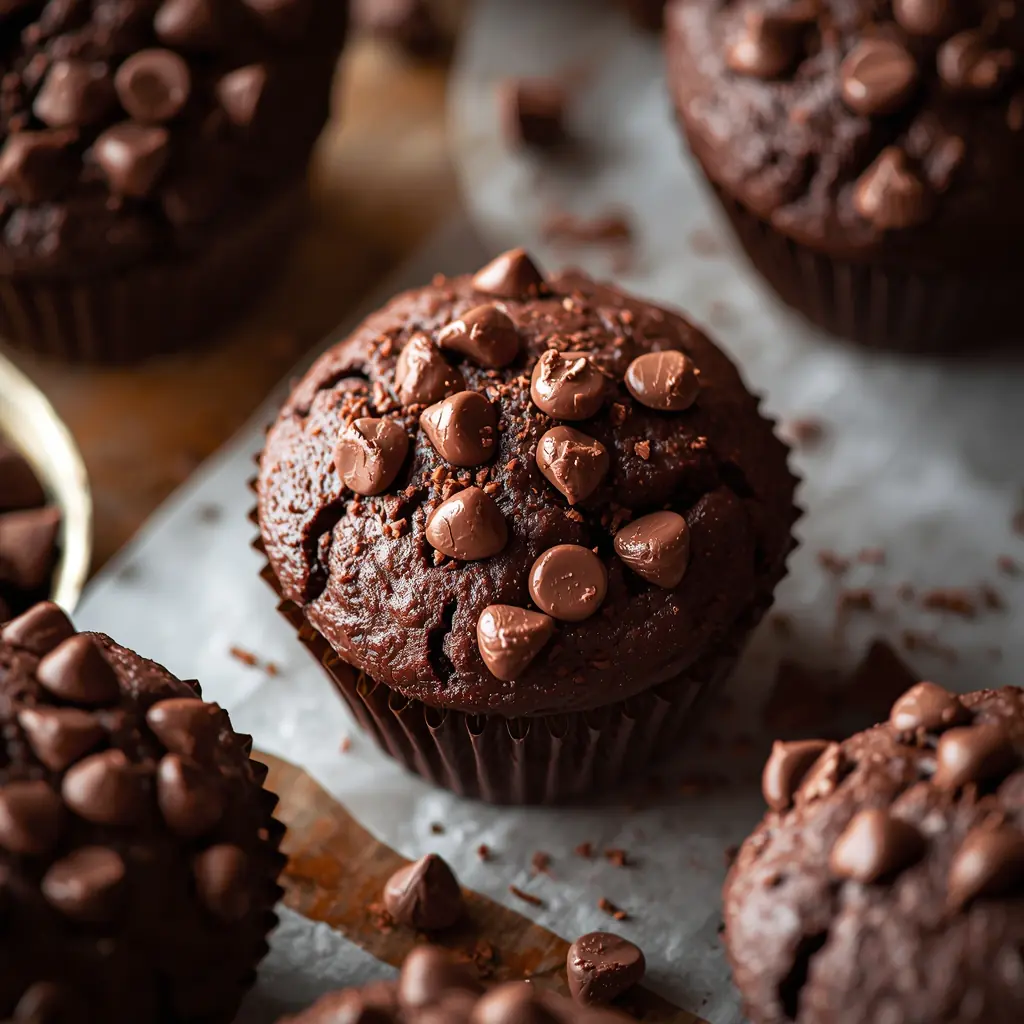 Vegan Chocolate Muffins topped with glossy chocolate chips on parchment paper, rich cocoa crumb and bakery style finish.